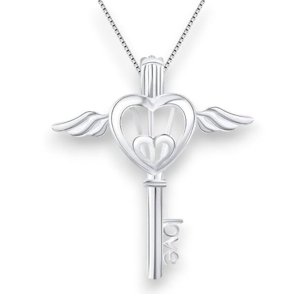 Sterling Silver Heart Winged Skeleton Key Pendant Necklace - NEW - Picture 2 of 5